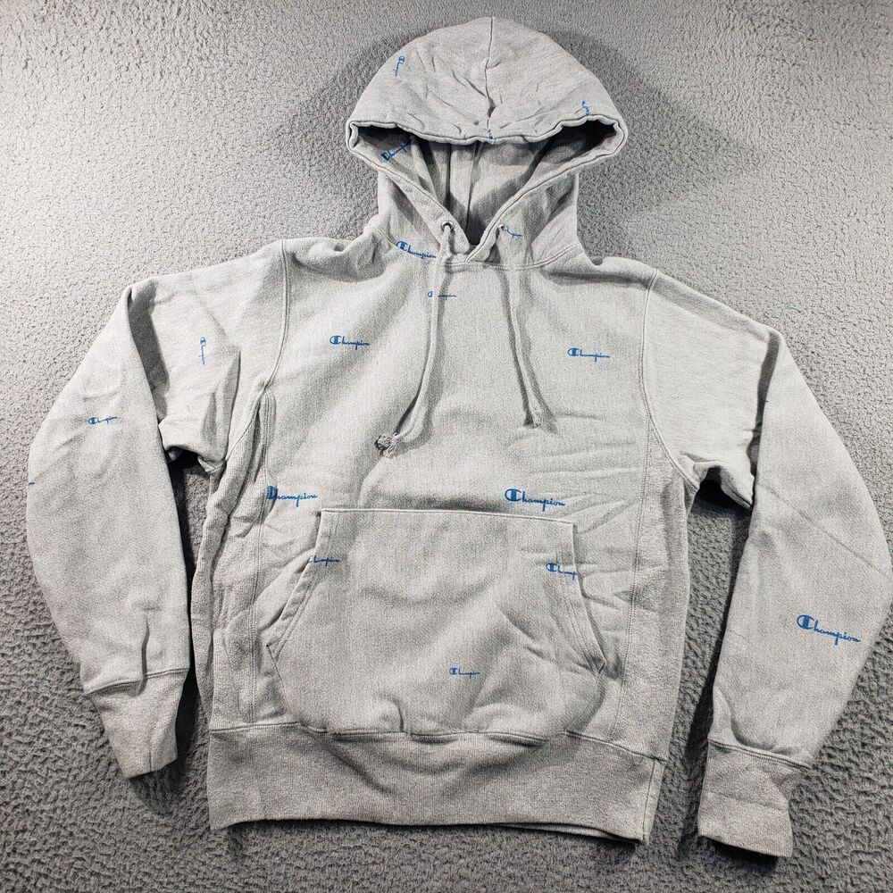 Champion Reverse Weave Hoodie Mens Small Gray Pullover All Over Print Sweatshirt